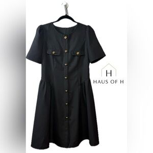 Black Short-Sleeve Button-Front Mini Dress